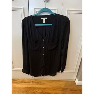 H&M Conscious Black V Neck Button Front Long Sleeve Blouse Top Size 4